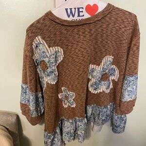POL Brown and Blue Floral Top